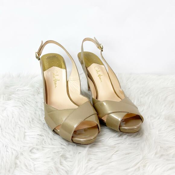 Cole Haan 7.5 B Womens Champaigne Patent Leather Peep Toe Slingback Heels - Picture 1 of 13